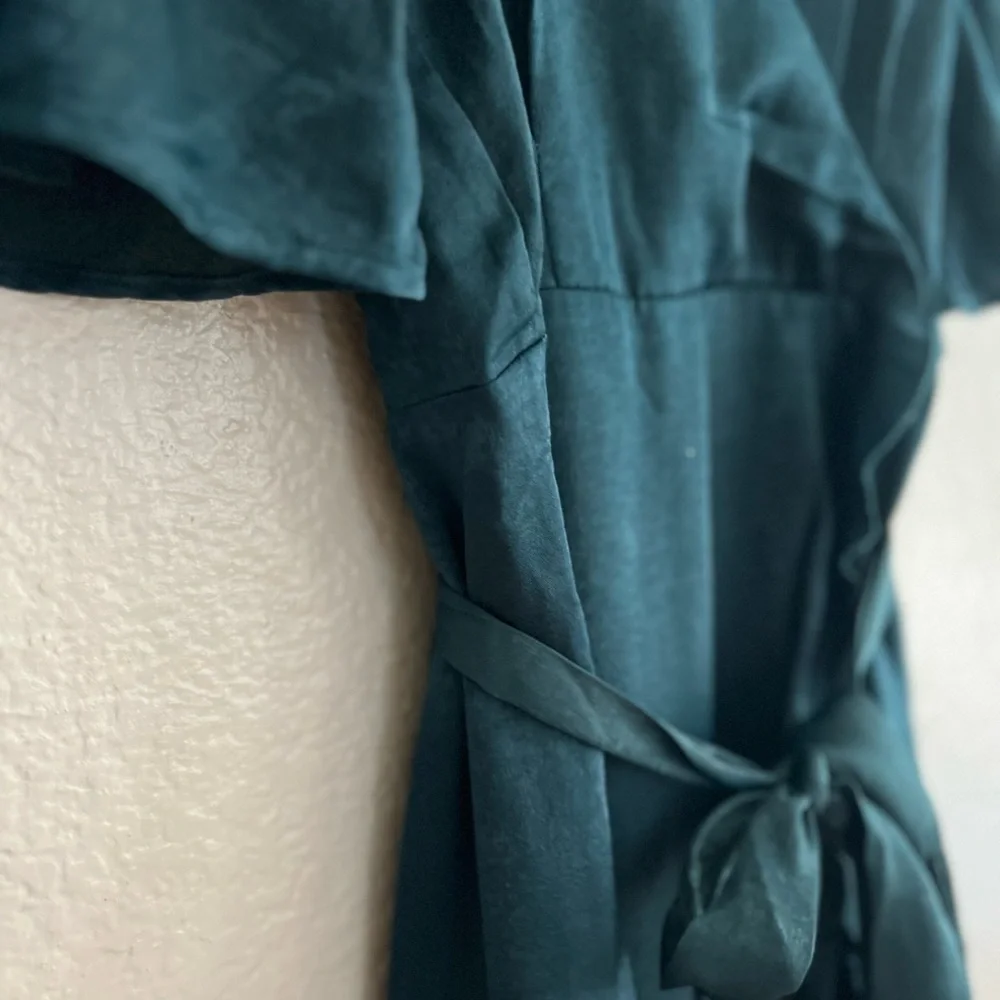 Love Dark Green Satin Faux-Wrap Midi Dress - Picture 5 of 8